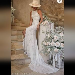 Love Everlasting White Floral Lace Mermaid Maxi Dress Medium